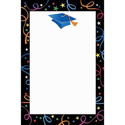 Graduation cap on white background with colorful confetti and streamers border.