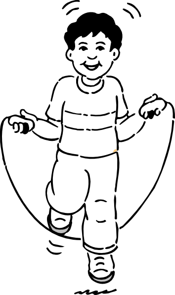 Happy boy jumping rope with joyful expression, black-and-white line drawing.
