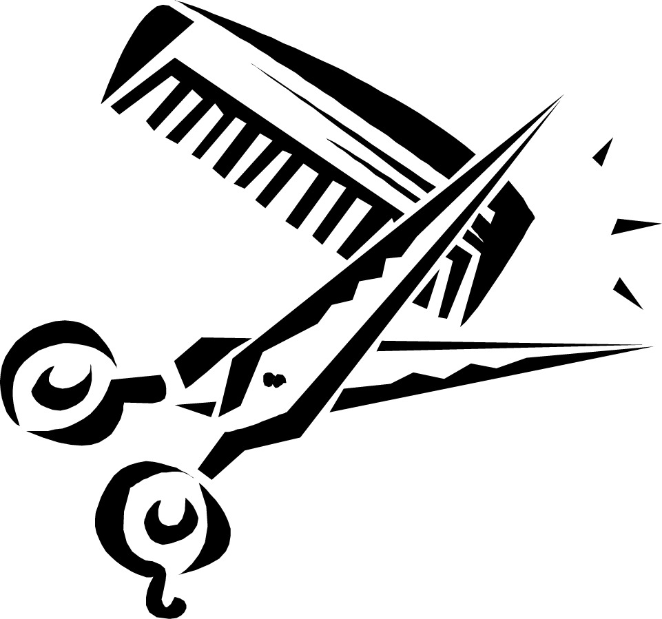 Stylized black-and-white illustration of scissors cutting through a comb, symbolizing hairdressing or barber services.