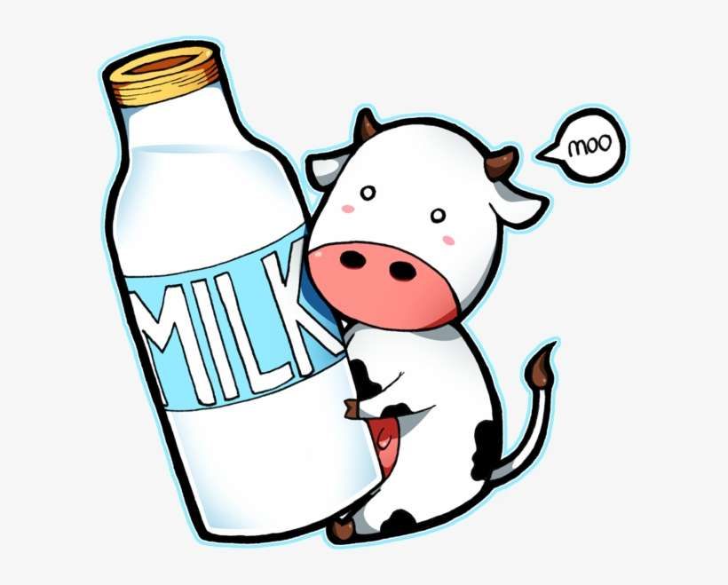 Cute cartoon cow hugging a milk bottle with "MILK" label and saying "moo".