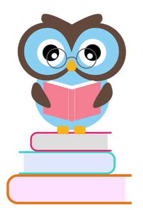 Blue cartoon owl with glasses reading a pink book, perched on stacked books.