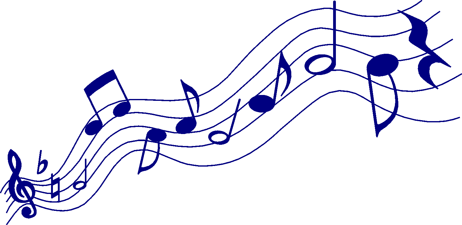 Blue musical notes and staff lines flowing dynamically on a white background, symbolizing melody and harmony.