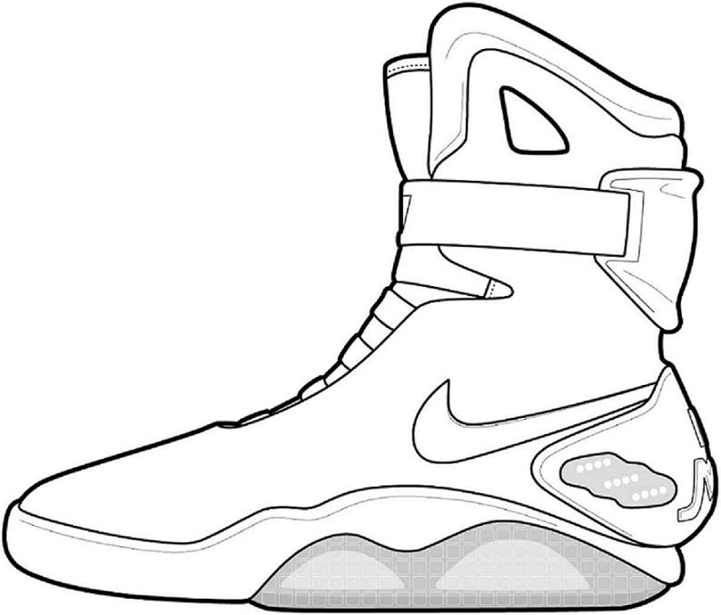 Line drawing of a Nike Air Mag high-top sneaker with auto-lacing strap and visible air unit.