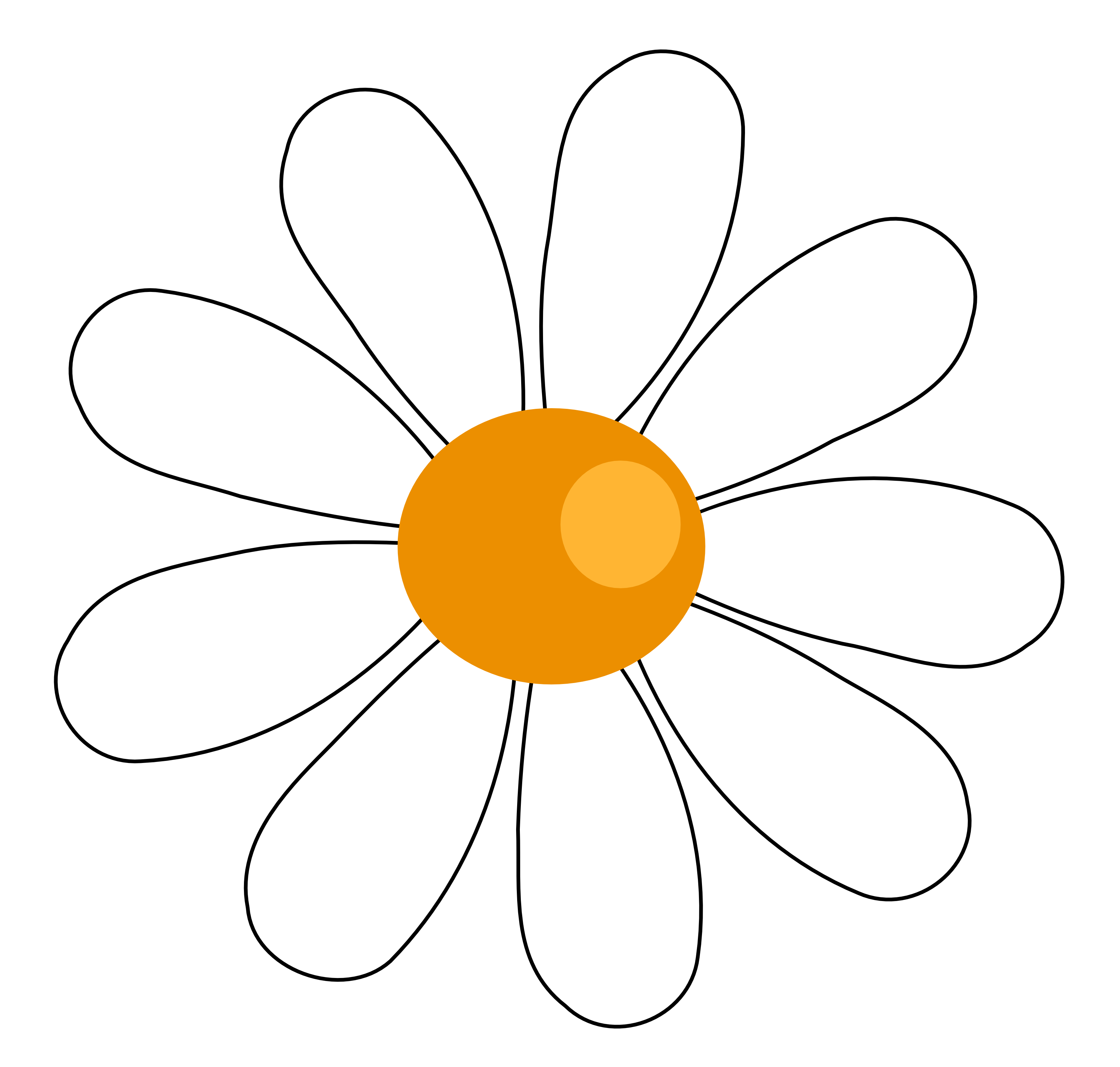 Simple orange-centered daisy with eight white petals outlined in black, stylized vector illustration.
