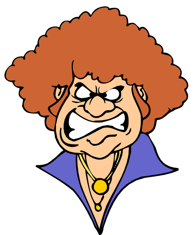 Angry cartoon man with orange afro, snarling expression, purple shirt, and gold necklace.