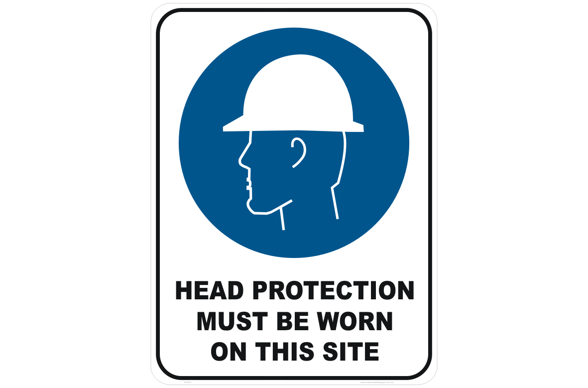 Blue safety sign showing a person wearing a hard hat with text "Head Protection Must Be Worn on This Site".