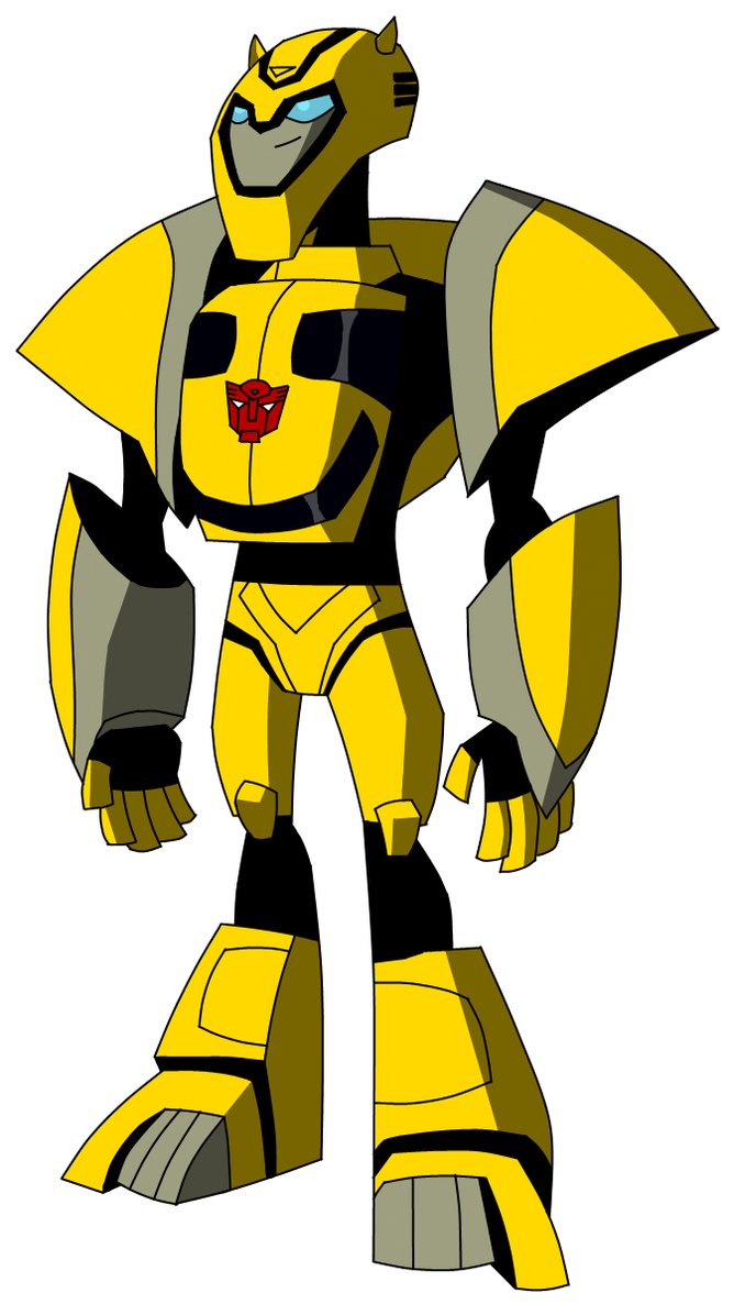 Animated yellow and black Autobot robot with red insignia, resembling Bumblebee from Transformers.