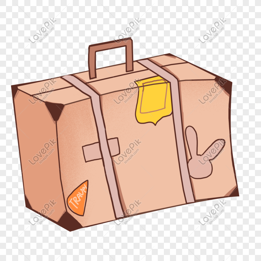 Hand-drawn cartoon suitcase with travel stickers, straps, and a peace sign, on transparent background.
