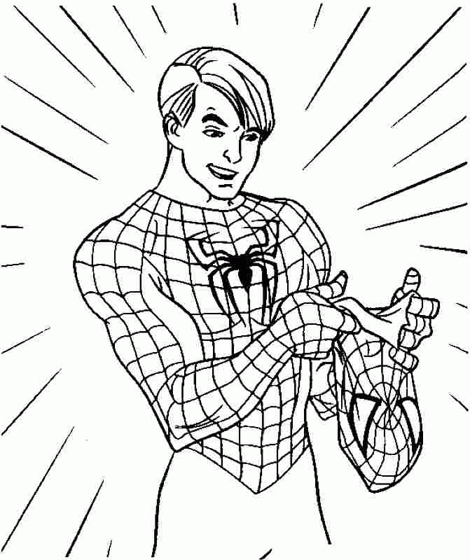 Spider-Man in classic webbed suit holding his mask, smiling confidently with radiating lines behind him.