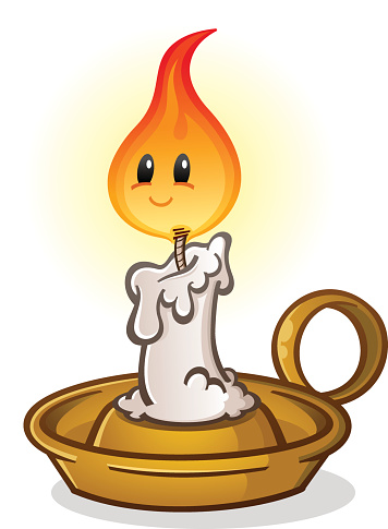 A cheerful cartoon candle with a smiling flame face, melting wax, and a golden holder with a handle.
