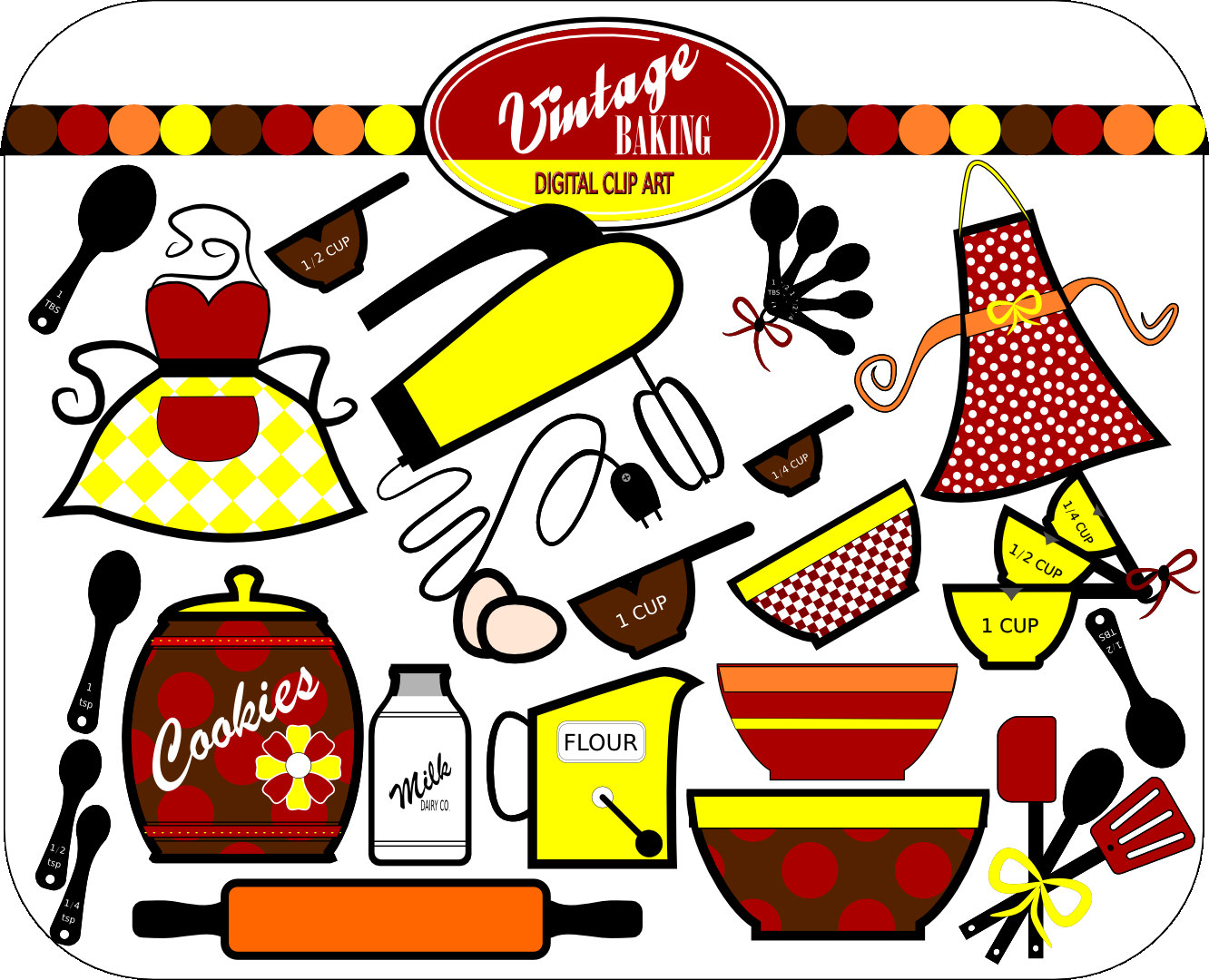 Vintage baking digital clip art set featuring aprons, measuring cups, mixer, cookies jar, flour, milk, rolling pin, and utensils in retro red, yellow, brown palette.