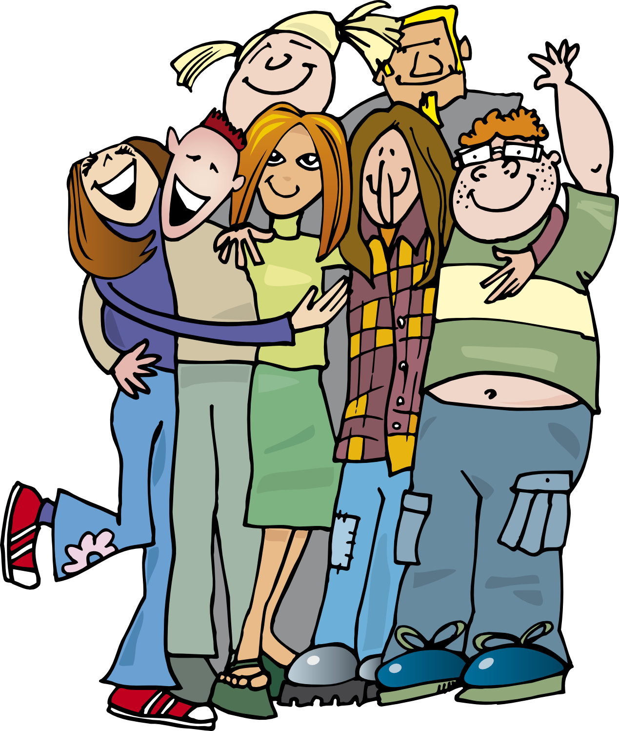 A diverse group of seven smiling cartoon teens hugging and posing joyfully together.