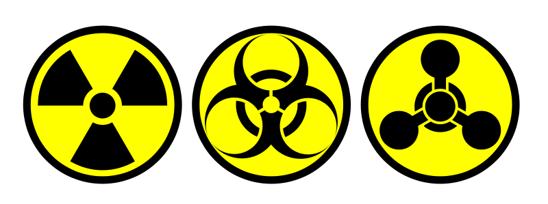 Three yellow circular hazard symbols: radiation, biohazard, and chemical warfare agent.