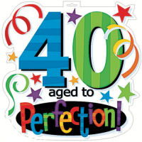 Colorful "40 Aged to Perfection!" birthday graphic with stars, swirls, and festive design.