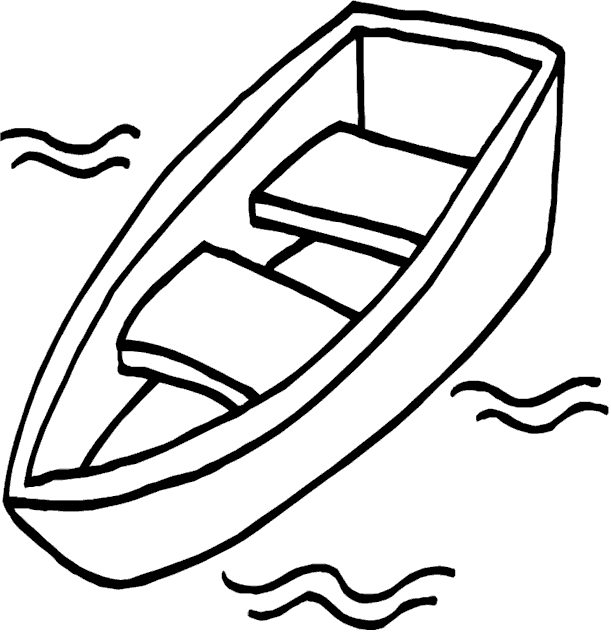 Simple line drawing of a rowboat floating on wavy water with two seats inside.