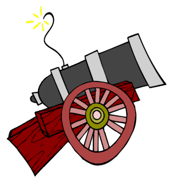 Cartoon-style cannon with red wheels and wooden carriage, firing a bright yellow spark against black background.