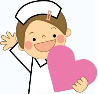 Cheerful cartoon nurse holding a pink heart, waving with a friendly smile.