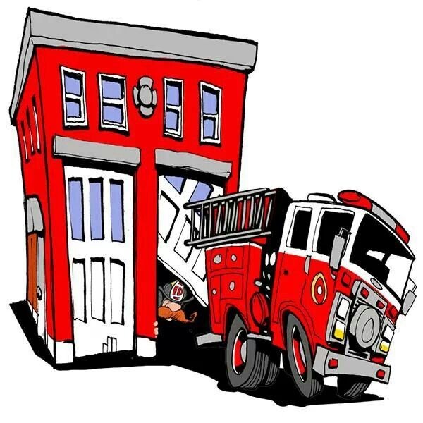 Red fire station with open bay doors and a fire truck exiting, cartoon style.