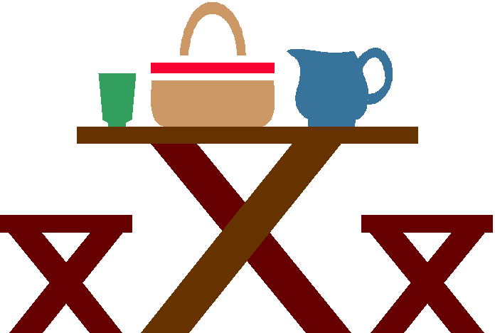 A stylized picnic scene with a wooden table, green cup, beige basket with red stripe, and blue pitcher, flanked by two X-shaped benches.