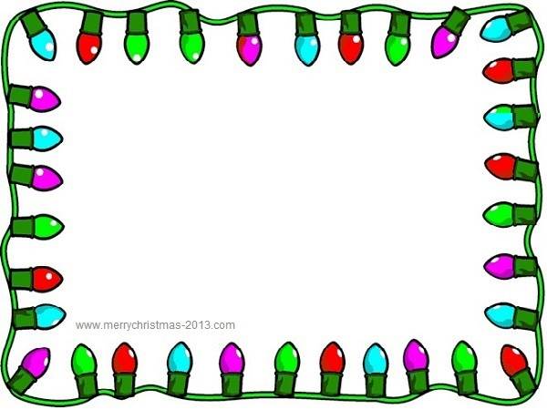 Colorful Christmas string lights forming a decorative border frame on white background.