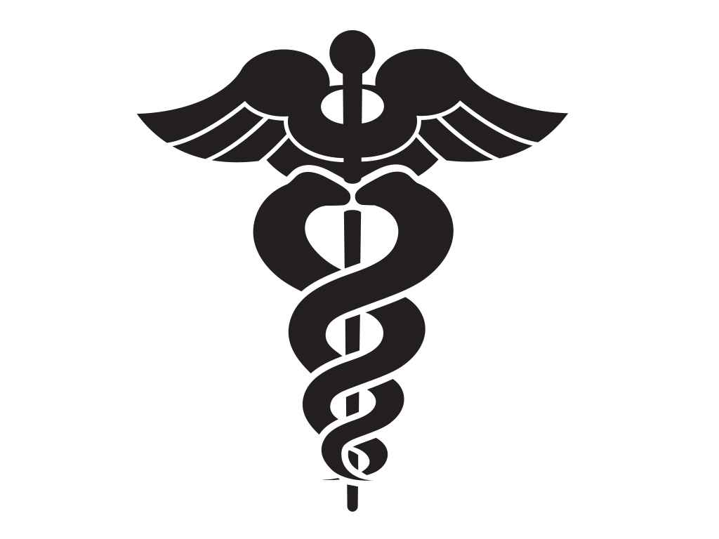 Stylized black-and-white logo featuring a caduceus with wings, serpents, and medical symbols integrated into a flowing design.