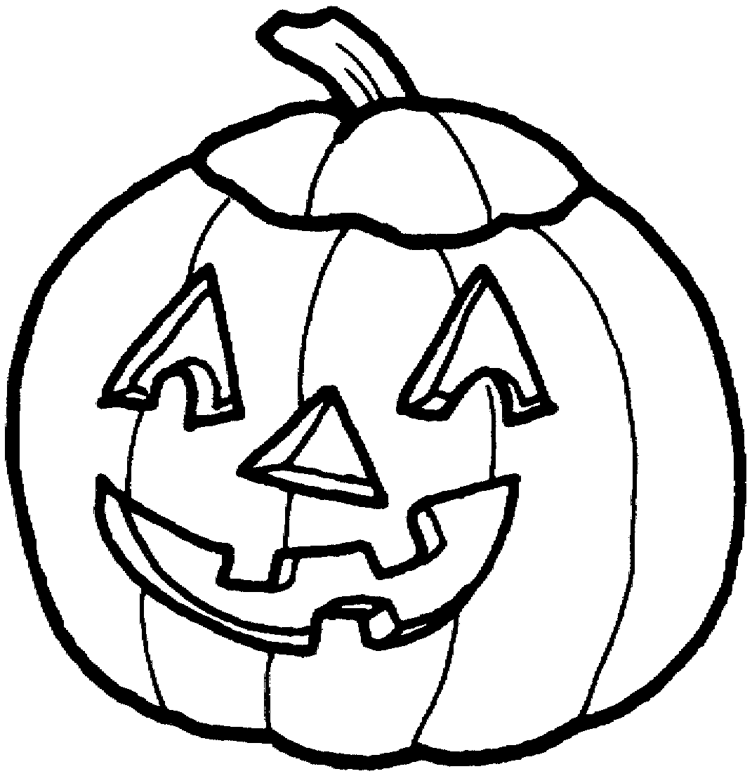 Black-and-white line drawing of a carved Halloween jack-o'-lantern with triangular eyes, nose, and jagged smile.