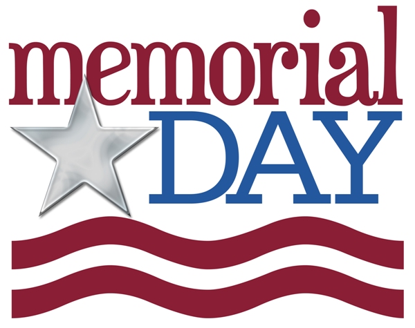 Memorial Day logo with red "memorial", blue "DAY", silver star, and wavy red stripes resembling flag waves.