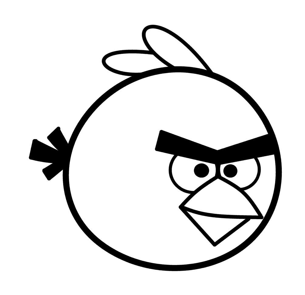 Black-and-white line drawing of the red Angry Bird character with angry eyebrows and a stern expression.