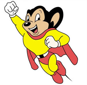 Mighty Mouse, the heroic cartoon mouse in yellow suit and red cape, flying with fist raised.