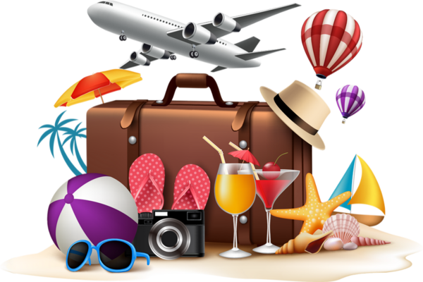Travel-themed collage featuring airplane, suitcase, beach items, cocktails, and hot air balloons on sand.