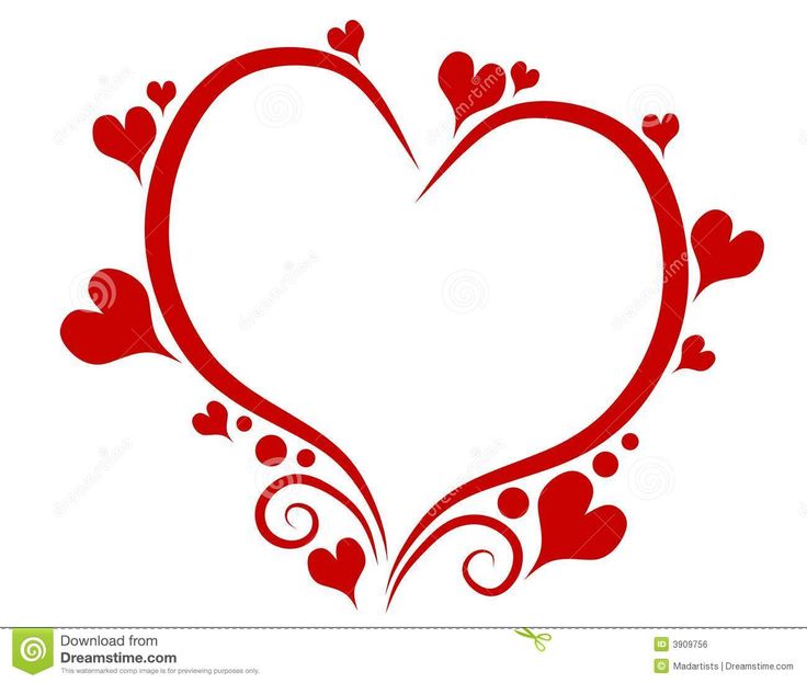 Decorative red heart outline with swirling flourishes, small hearts, and dots on white background - romantic vector illustration.