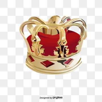 Golden royal crown with red velvet lining and ornate arches on transparent background.