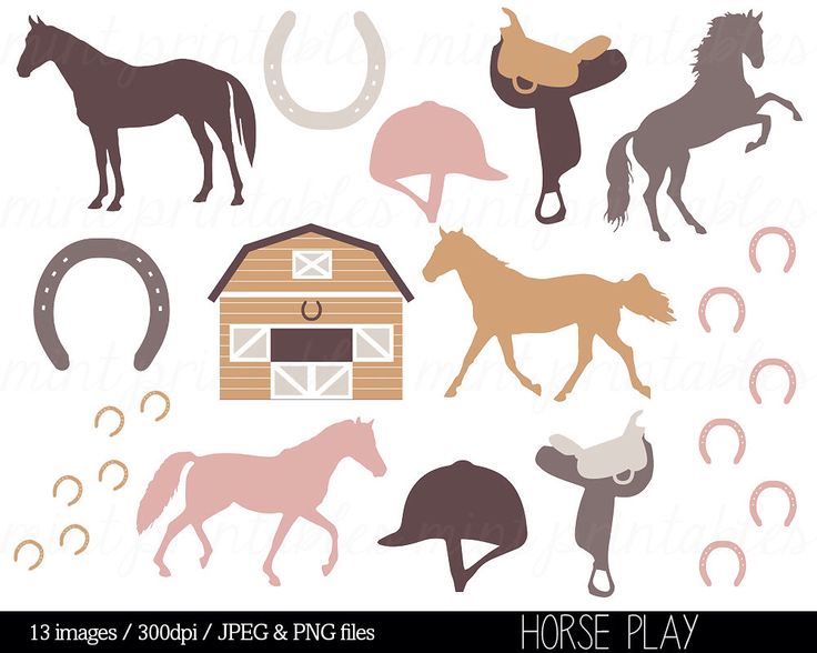 Collection of horse-themed clipart including horses, saddles, helmets, barn, and horseshoes in soft pastel and neutral tones.