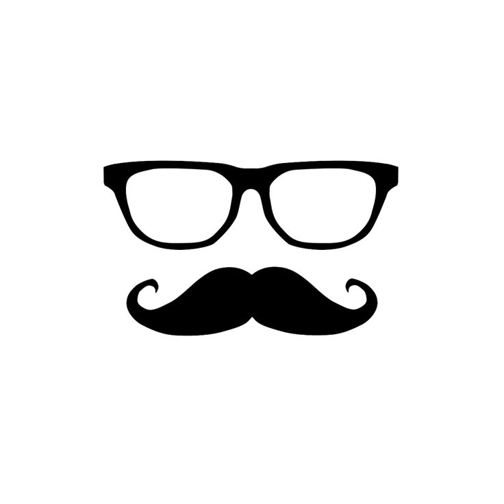 Black silhouette of retro-style glasses and a curled mustache on white background.