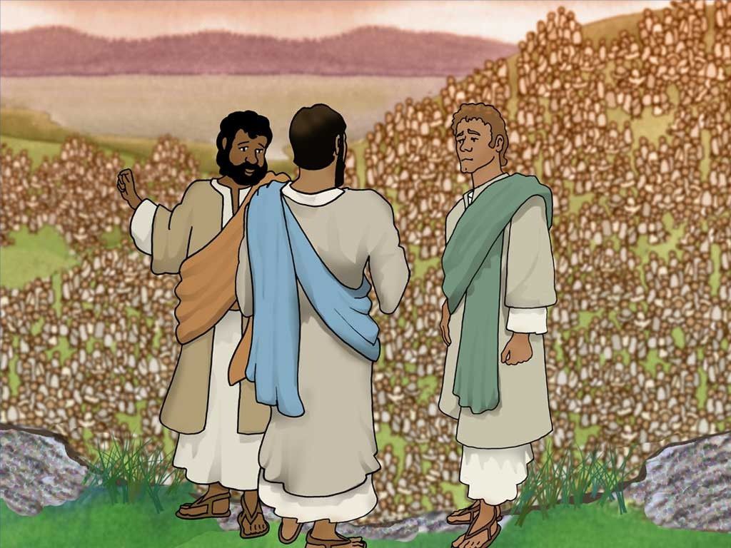 Three biblical figures stand before a vast crowd in a pastoral landscape, one gesturing as if teaching.