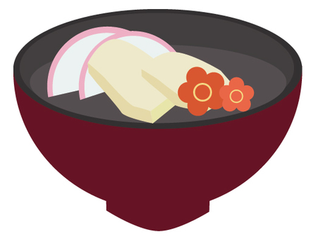 A red bowl of Japanese ozoni soup with mochi, daikon radish, and decorative flower-shaped toppings.