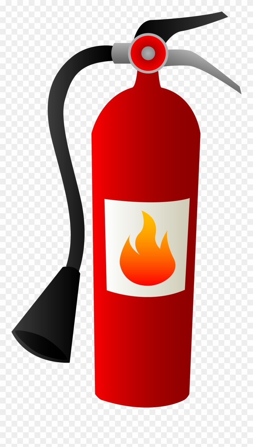 Red fire extinguisher with black hose and flame symbol on label, isolated on transparent background.