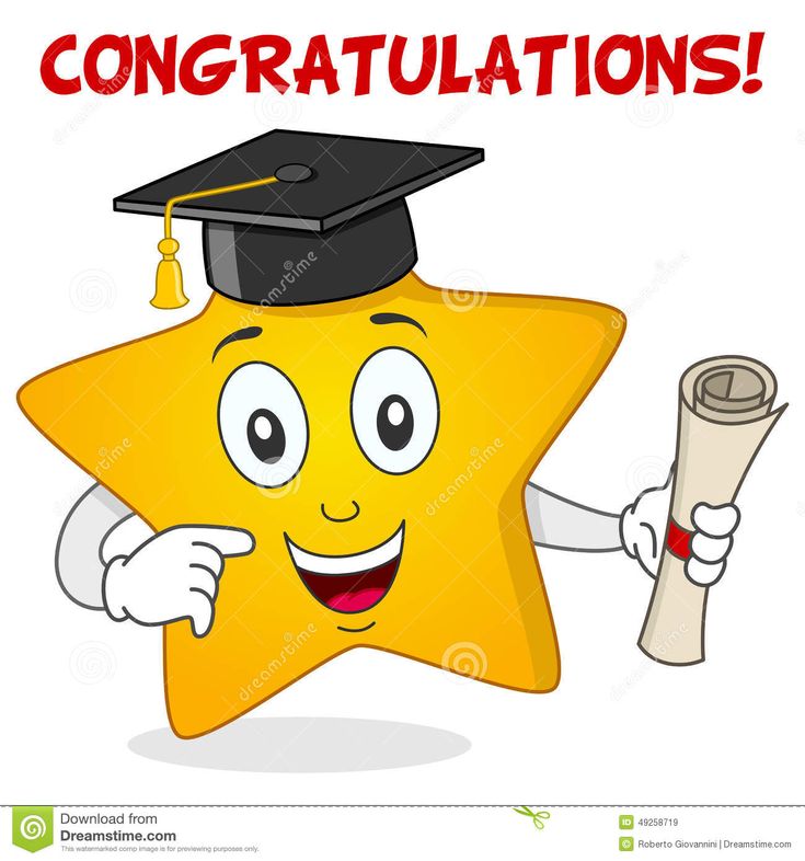 Cheerful yellow star cartoon wearing graduation cap, holding diploma and pointing proudly.