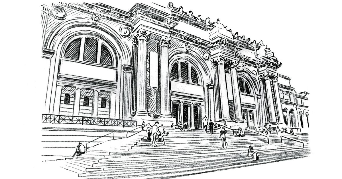 Sketch of a grand neoclassical museum facade with columns, arches, and visitors on wide stone steps.