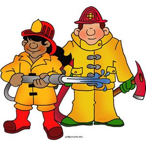 Two smiling cartoon firefighters in yellow gear holding a hose and axe, ready for action.
