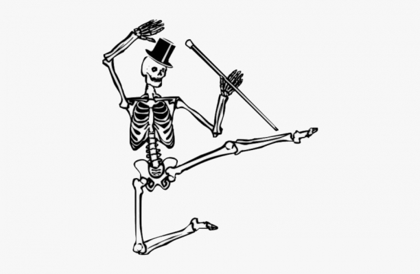 A stylish skeleton in a top hat and cane strikes a graceful dance pose, one leg extended, arms raised elegantly.