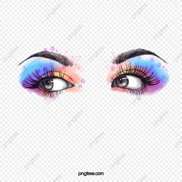 Vibrant watercolor-style illustrated eyes with rainbow eyeshadow, long lashes, and expressive gaze on transparent background.