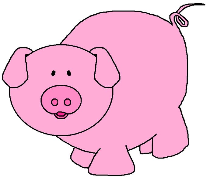 Pink cartoon pig with curly tail, smiling face, and simple outline drawing style.
