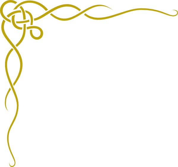 Golden Celtic knot corner ornament with interwoven loops and flowing lines on white background.