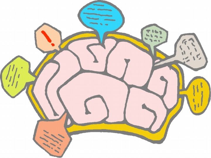 Illustrated human brain surrounded by colorful speech bubbles and icons representing thoughts, alerts, data, and tools.