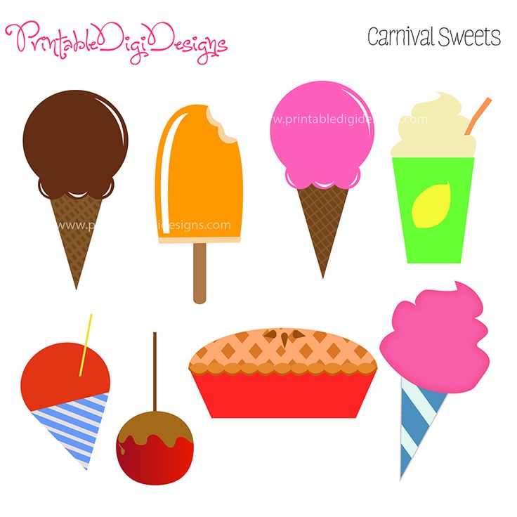 Colorful carnival sweets clipart including ice cream cones, popsicle, cotton candy, pie, and candied apples.