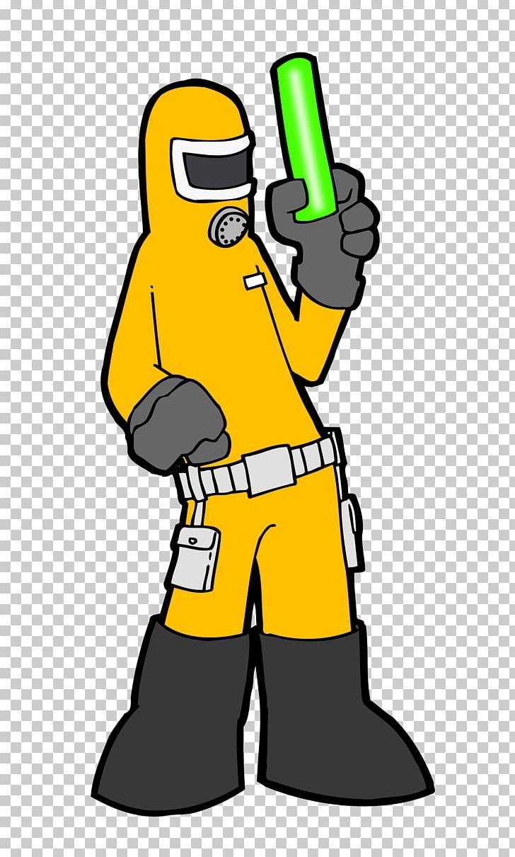 Yellow hazmat-suited character holding a glowing green vial, cartoon style with gray gloves and boots.