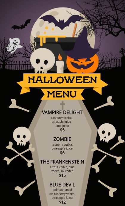 Halloween-themed cocktail menu displayed on a coffin-shaped board with skulls, bats, and a jack-o'-lantern under a full moon.