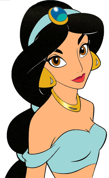 Jasmine, Disney princess with black hair, turquoise top, gold jewelry, and headpiece featuring a blue gem.