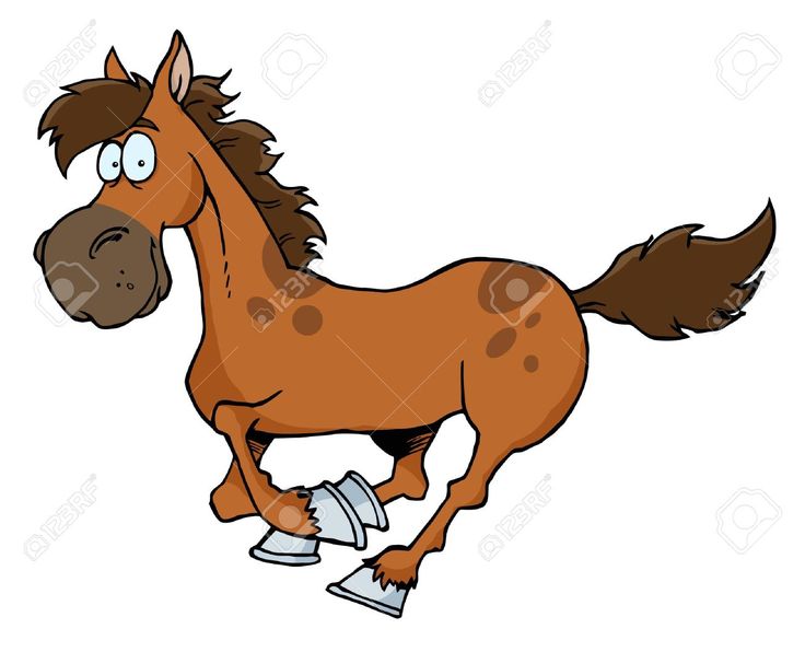 Cartoon brown horse with expressive eyes, spotted coat, and silver horseshoes, galloping playfully.